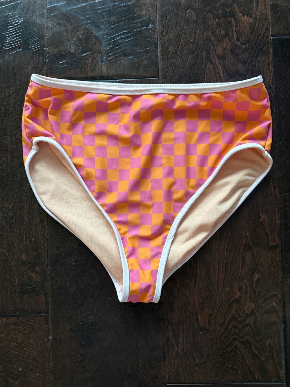 Roolee high-Waist Checkerboard Bikini Bottom - Pink & Orange. Women’s Sz Medium